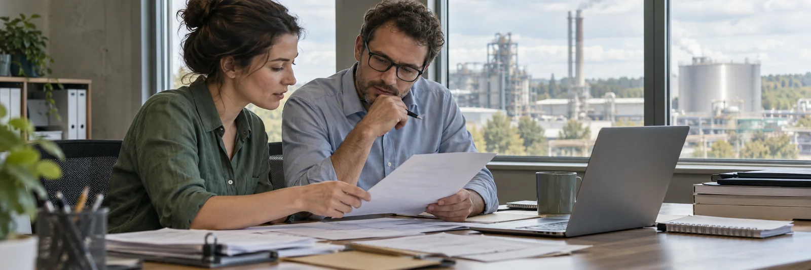 Sustainability and finance colleagues reviewing source documents beside a laptop in an industrial office