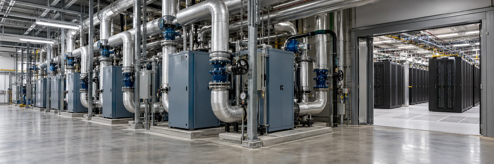 Coolant distribution equipment and insulated pipework beside a data center server hall