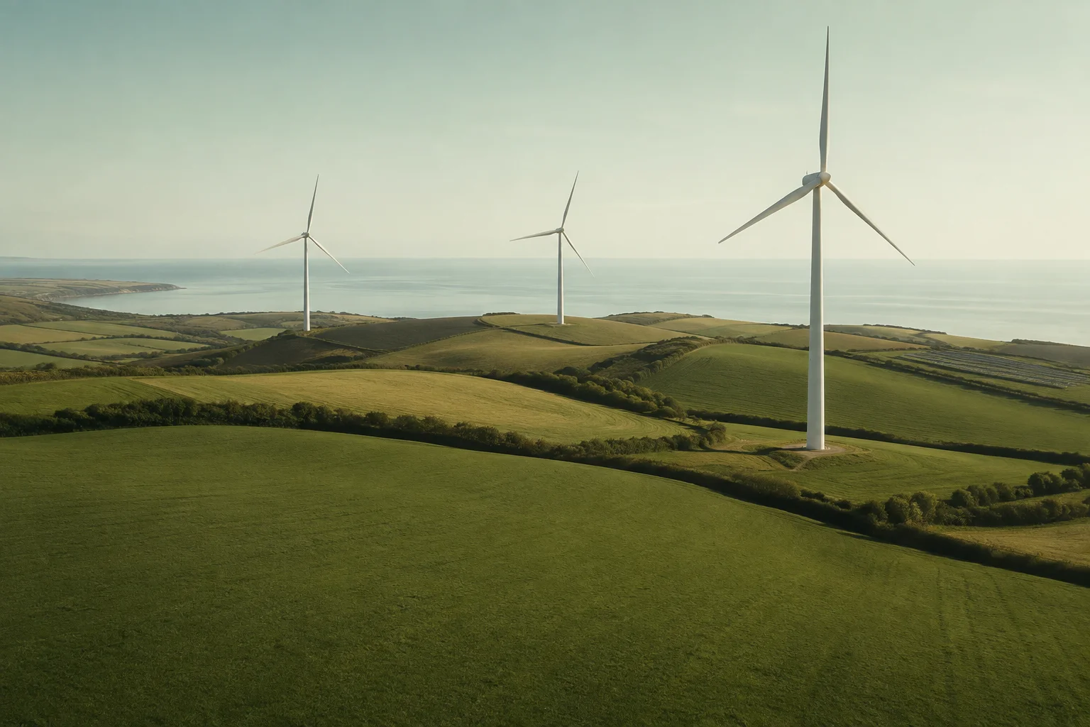 Wind turbines above green coastal fields